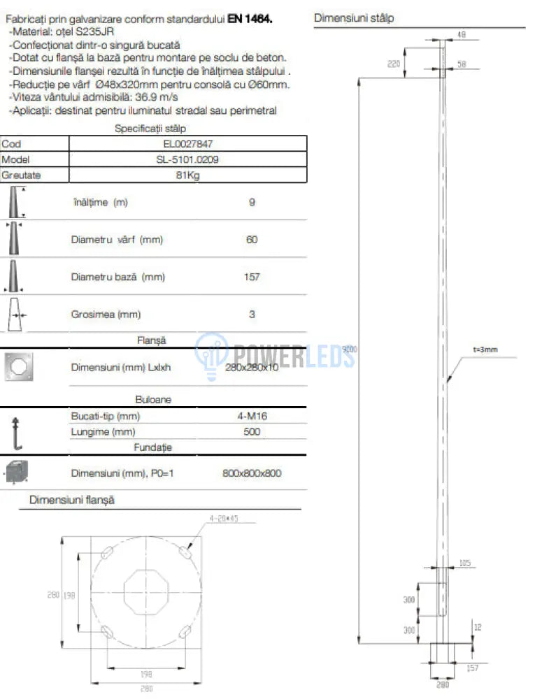 Stalp Iluminat Stradal Galvanizat Flansa 9 Metri