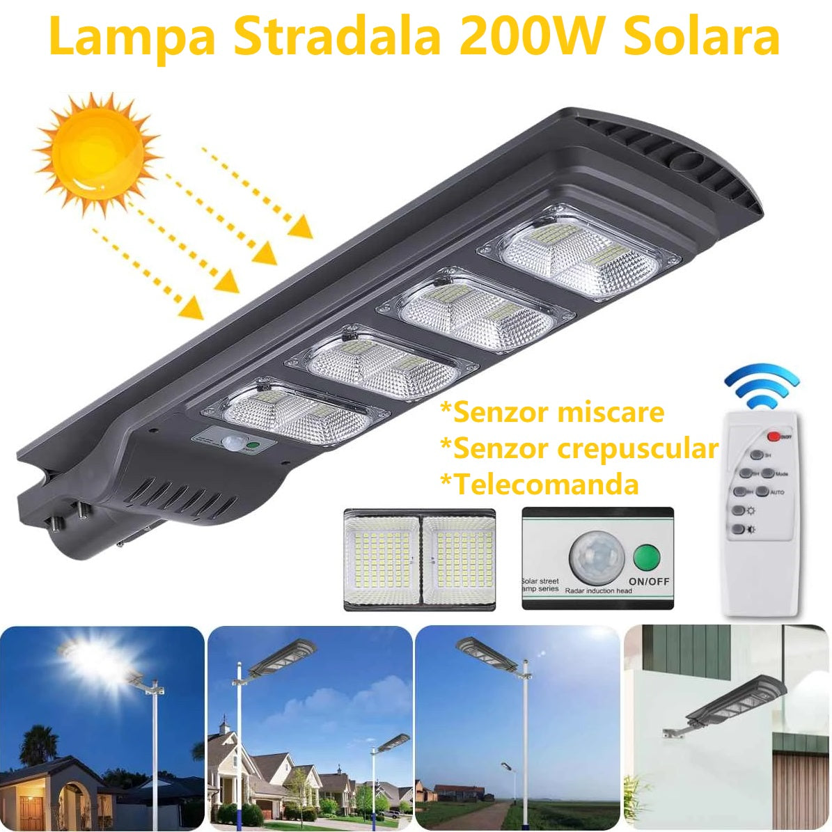Lampa LED 200W Solara SLIM Senzor Miscare + Telecomanda