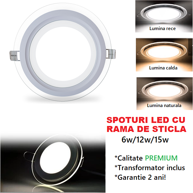 Spot LED 15W Rotund Mat Rama Sticla / ⌀200mm / Incastrabil